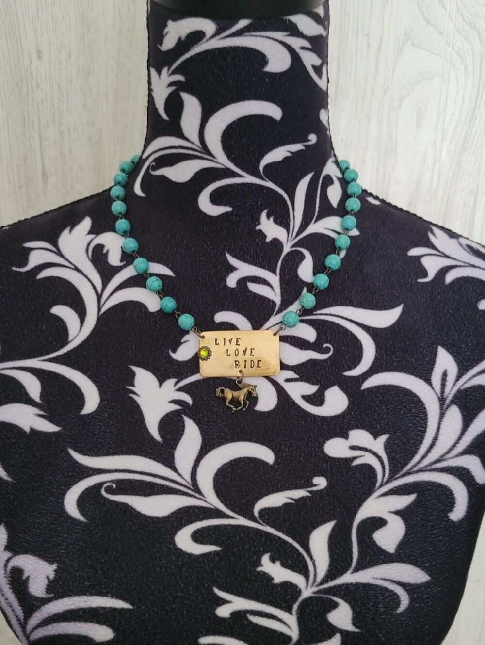 Pink Panache Turquoise Linked Necklace "LIVE LOVE RIDE" Gem Stone & Horse Charm